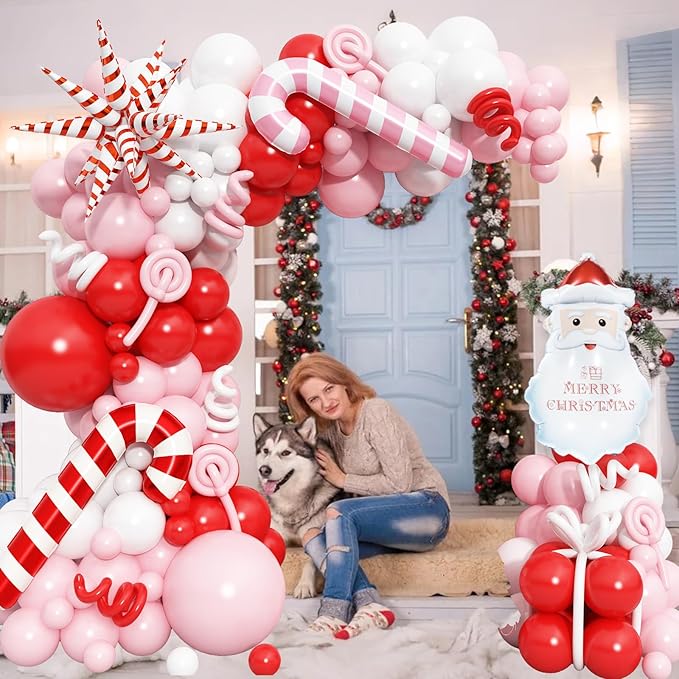 130 Pcs Christmas Balloon Arch Kit, Red Pink White Latex Balloons Garland with Santa Candy Cane Star Foil Mylar Balloon for Xmas Christmas New Year Winter Holiday Baby Shower Birthday Party Decoration