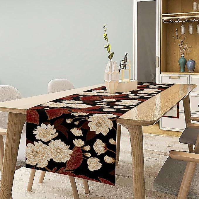 Vintage Flowers Table Runner,Boho Red Gold Floral Plant Print Art Table Runner for Home Kitchen Table Dining Indoor Outdoor Party Decor 13x120 Inch