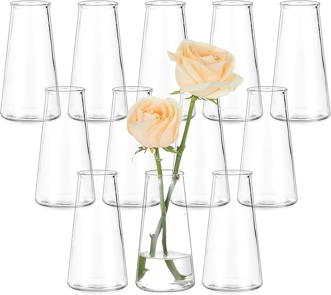 Hewory Glass Bud Vases for Centerpieces: Small Clear Modern Flower Vase Set of 12, Minimalist Cute Mini Decorative Bulk Vases for Wedding Birthday Bridal Shower Party Events Dining Room Table Decor