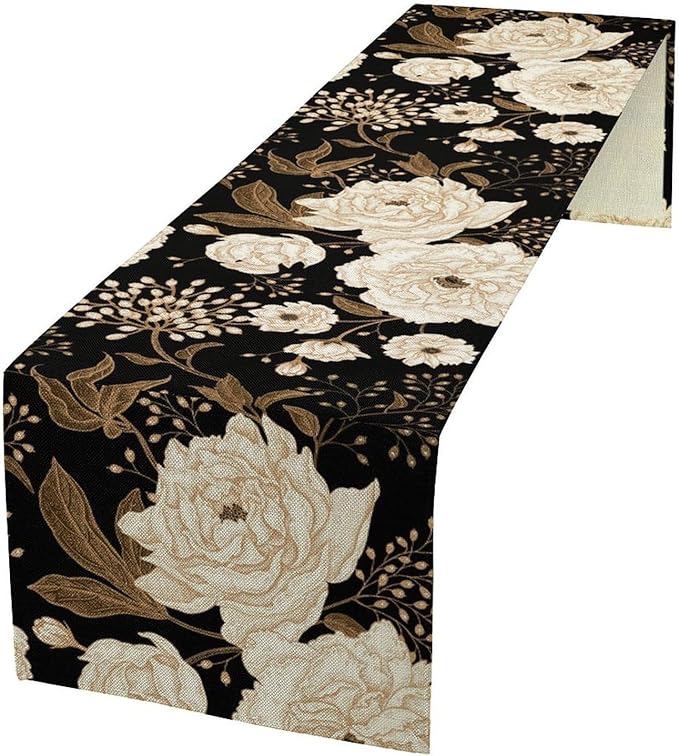 Vintage Flowers Table Runner,Black Gold Peony Rose Print Table Runner for Home Kitchen Table Dining Indoor Outdoor Party Decor 13x120 Inch