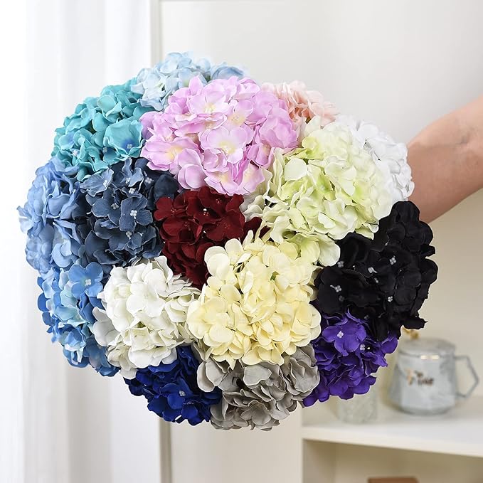 10PCS Silk Hydrangea Heads with Stems Artificial Flowers for Wedding Party Home Decor (Red)