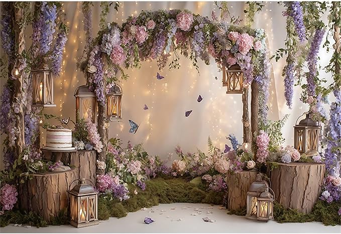 Baocicco Purple Flowers Wall Backdrop 10x7ft Rustic Style Wooden Arch Door Butterfly Background Photography Rural Wedding Baby Shower Birthday Party Banner Supplies Anniversary Decorations Props