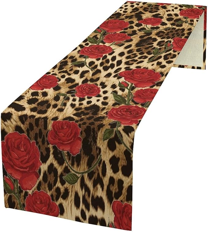 Red Rose Leopard Print Table Runner, Romantic Vintage Rose Flower Spring Summer Dinner Runner Table Decoration for Home Kitchen Dining Holiday Wedding Party 13x120in
