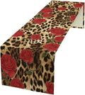 Red Rose Leopard Print Table Runner, Romantic Vintage Rose Flower Spring Summer Dinner Runner Table Decoration for Home Kitchen Dining Holiday Wedding Party 13x120in