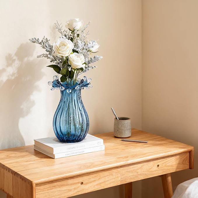 Hand-Blown Glass vase, Unique Blue Glass vase, Modern Art Decor, Suitable for Living Room Coffee Tables, Wedding centerpieces, Dining Tables, and Office Centerpiece Floral Arrangements