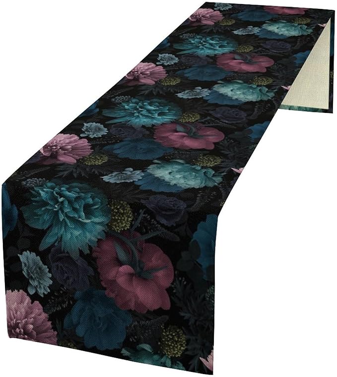 Blue Pink Flowers Table Runner, Boho Rose Flower Blossom Rustic Vintage Garden Peonies Spring Table Runner for Home Kitchen Dining Table Indoor Outdoor Party, 13x120inch