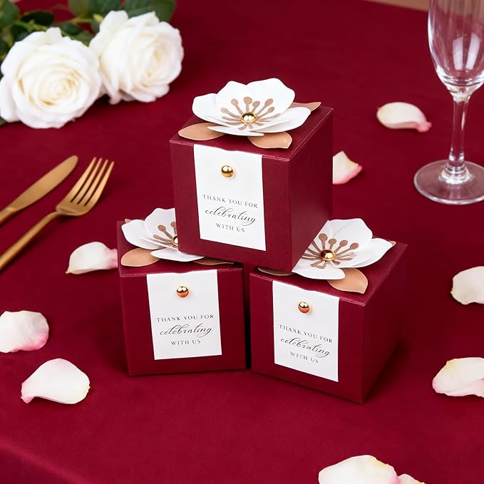 FEIYI 20 PCS Candy Boxes, 3 In 1 Burgundy Favor Boxes with Floral Decor, White Thank You Tags Gift wrapping for Wedding Birthday Baby Shower Decorations Party -2.55x2.55x2.55''
