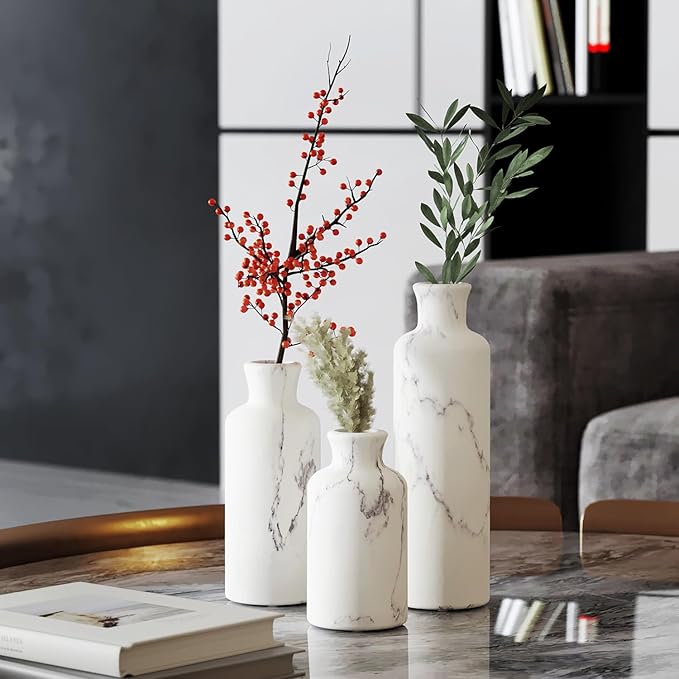 Creative Scents White Marble Look Vase Set with Matching Decor Tray, Perfect for Holding Pampas Grass, Dried/Fresh Flowers, Vases for Your Kitchen, Bedroom, Office, Living Room, Bathroom, Shelf Decor