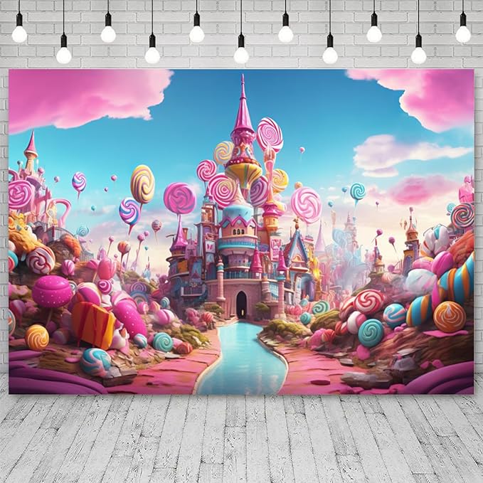 12x10ft Candyland Backdrop Sweet Candy Castle Photography Background Colorful Lollipop Blue River Cartoon Kids Birthday Banner Decorations Baby Shower Newborn Portrait Photo Booth Prop