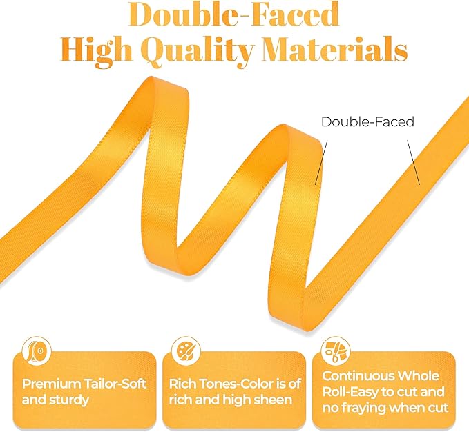 Double Faced Yellow Gold Satin Ribbon, 3/8 Inch X 25 Yards Polyester Ribbon for Gift Package Wrapping, Crafts, Bow Making, Sewing, Flower Bouquet, Wedding Party Decor