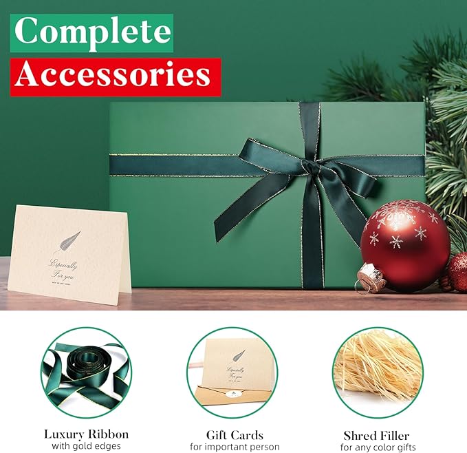 LIFELUM Gift Boxes with Lids 2 Pack 13.85 x 8.35 x 4.45 inch Green Christmas Gift Boxes with Strong Magnetic Lid for Presents with Luxury Accessories Card, Ribbon, Filler,Sticker
