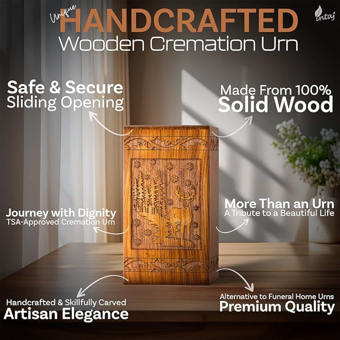 INTAJ Handcarved Rosewood Deer Keepsake Urn for Human Ashes - Mini 20 lbs Capacity Forest Scene Wooden Cremation Urn Box for Sharing Infant - Decorative Wildlife Memorial Casket Secure