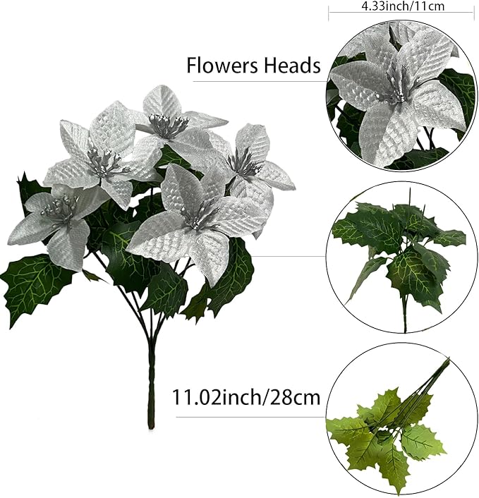 6 Pack Slive Christmas Artificial Poinsettia Flowers Faux Poinsettia Bush Bouquets Silk Poinsettia Christmas Tree Ornaments Poinsettia Flower Arrangement for Home Decor