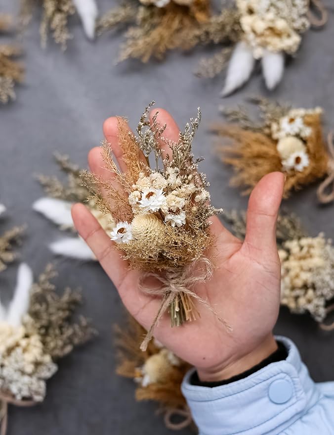 Miniature dried flower bouquet set (12 pcs), small bouquets, gift bags of dried flowers, bridesmaids flower girl proposal gift boxes, groomsmen boutonnieres, shooting props (Brown)