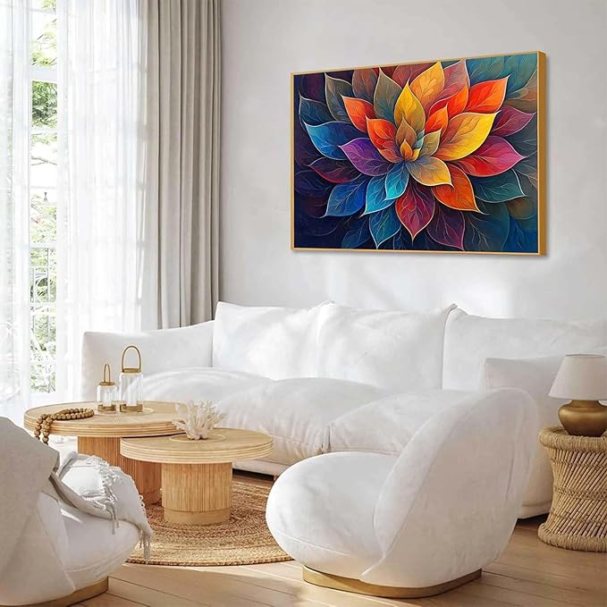 Agitowis Colorful Flower Canvas Wall Art, Abstract Floral Canvas Prints, Lotus Blossom Pictures Wall Decor, Zen Painting, Yoga Studio Wall Decor (Black Framed, 31" Wx23 H/80x60cm)