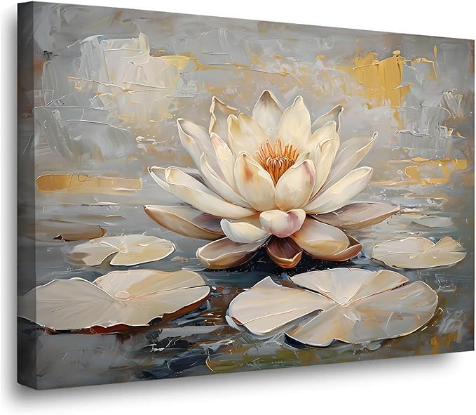 Ethereal white lotus floating on Crystal Waters poster vintage oil painting printwall art soft blush and gold accents serene home and office decor dreamy 24x36in Wood Framed