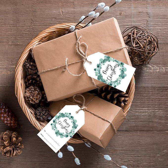 Andaz Press Christmas Holiday Season Classic Gift Tags, Merry Christmas to from Classic Favor Tags, Eucalyptus Wreath Design, for Holiday Events, Parties, and Favors, 60-Pack