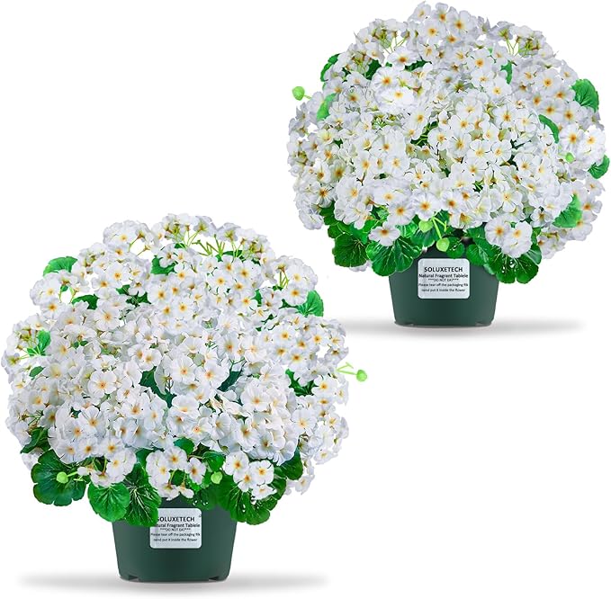Artificial Handmade Geraniums With Flowers Scent Pots White Pink Purple Lavender Lifelike Faux Geraniums Bushes Fake Flowers for Wedding Party Home Office Indoor outdoor Plants Decor (White)