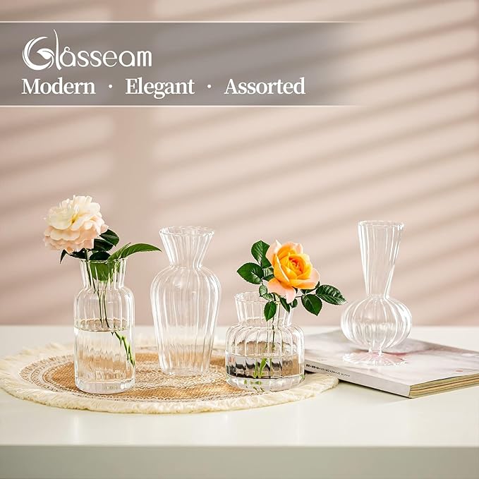 Modern Clear Glass Bud Vase Set: Glasseam 4Pcs Small Mini Flower Centerpieces Vases Handmade DecorativeCute Short Window Corner Home Decor for Wedding Reception Dining Table Single Rose Flowers