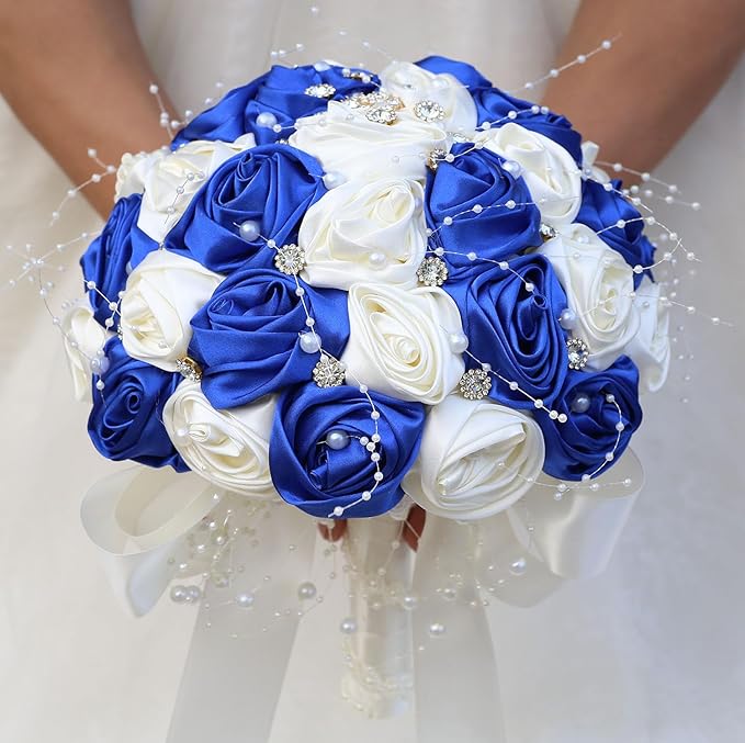 Bridal Wedding Bouquet Round Bling Brooch Bouquet Throw Toss Artificial Rose Flower Bunch for Bride Bridesmaid Wedding Quinceanera(Royal Blue & Ivory, 8.7")