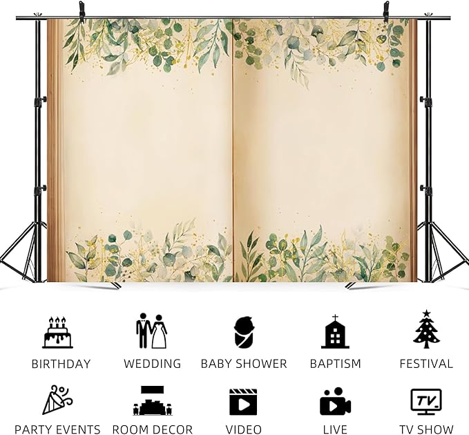 8x6ft Fairy Tale Books Backdrop Once Upon a Time Storybook Photography Background Green Leaves Foliage Old Open Magic Book Romantic Wedding Decorations Birthday Baby Shower Photo Booth Prop