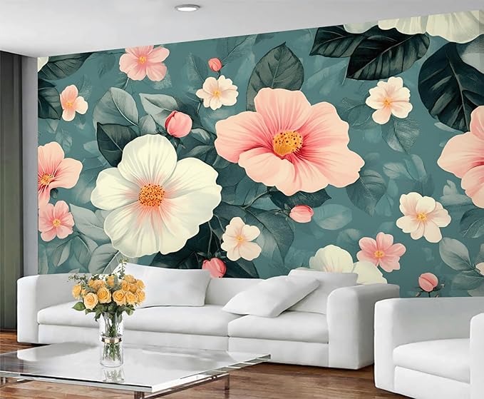 Vintage Hibiscus Flower Wall Mural, Romantic Floral 3D Wall Murals, Botanical Bloom Design Wallpaper Mural, for Living Room Bedroom Large Wallpaper Indoor Decor 197" W x124.8 H