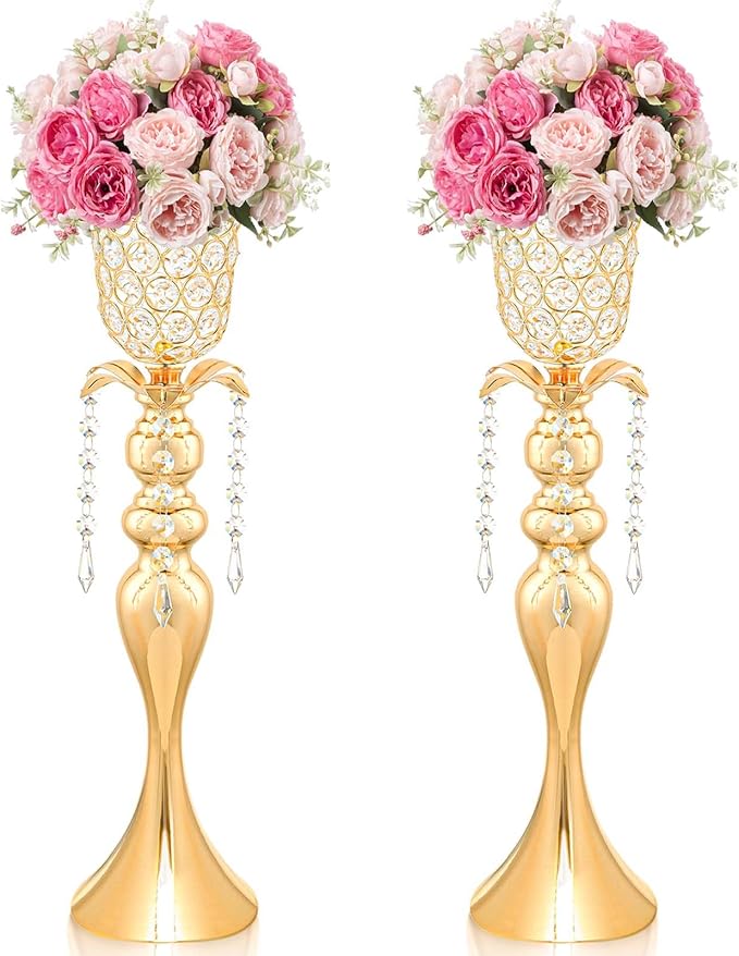 2Pcs Gold Crystal Metal Vase Set - Tulip & Trumpet Wedding Centerpieces, Artificial Flower Arrangement Vases for Home Decor, Restaurant Table Displays