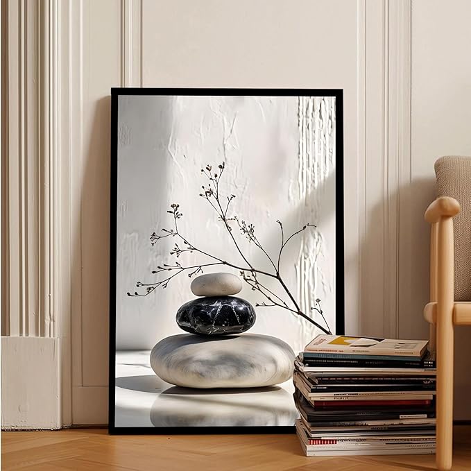 Gray and black stone pile and dried flowers poster canvas wall art in harmony Minimalist wall art for tranquil homes and mindful spaces 8x12in Metal blackFramed