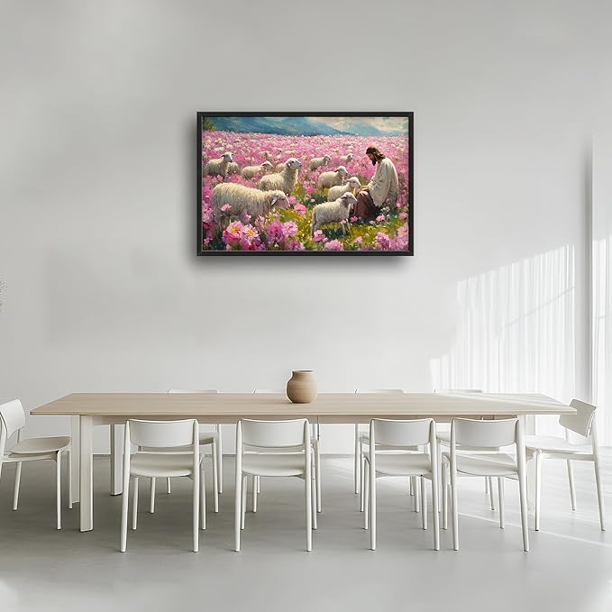 Jesus Lamb Large Wall Art Christian Religious Painting Wall Decor Church Canvas Prints Pink Pictures Framed Artwork Decoration for Prayer Bedroom Living Room Office 36"x24"
