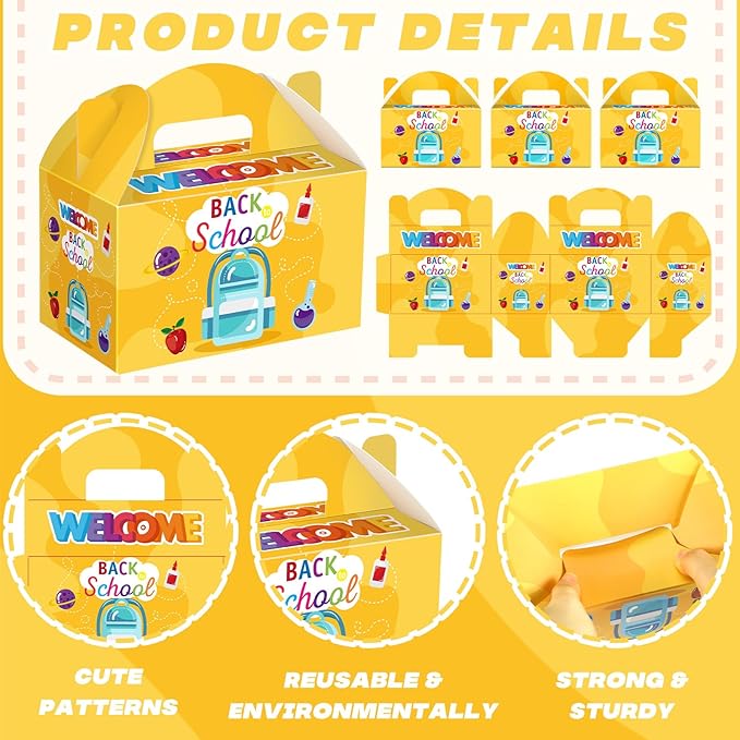 24 Pcs Back to School Party Favor Boxes First Day of School Gift Goodie Candy Cookie Treat Boxes with Handles for Classroom New Semester Favors Party Supplies