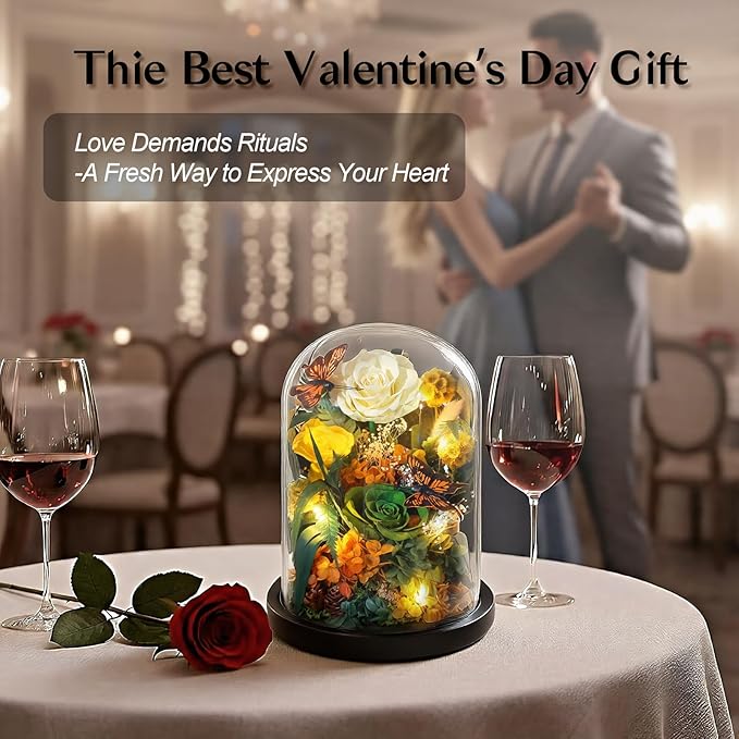 Preserved Rose with Butterfly, LED Forever Flowers in Glass Dome, Eternal Flowe for Women, Birthday Gifts for Mom Friend, Includes Greeting Card & Luxury Gift Box (Green)