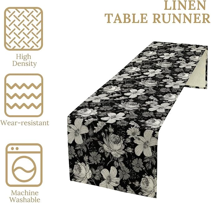 Black Floral Table Runner, Abstract Vintage Black White Floral Plants Leaves Boho Dark Gothic Garden Table Runner for Indoor Outdoor Party Wedding Decor, 13x70inch