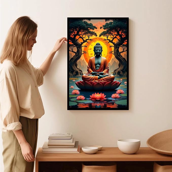 Canvas wall art Golden Buddha on lotus at sunset Ancient trees with reflections on water Serene meditation scene Uplifting wall art for mindfulness and tranquil home decor 16x24in Metal blackFramed