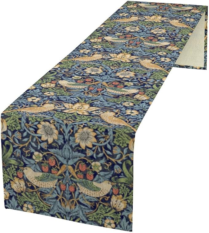 William Morris Floral Table Runner,Flowers Botanical Printed Table Runner for Home Kitchen Dining Table Decoration,13x90 Inch Strawberry Thief