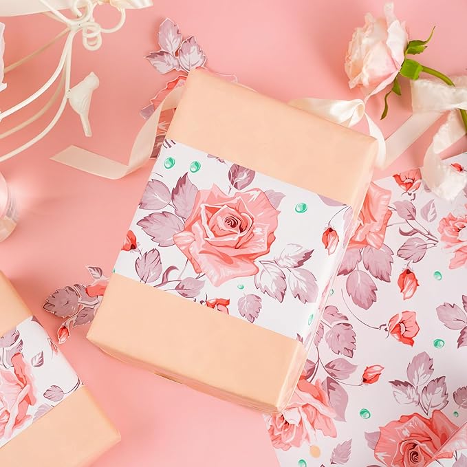 MAYPLUSS Flower Gift Wrapping Paper Roll - 17Inch x 33Feet - Luxury Elegant Floral with Gold Pattern Girl Gift Wrap Present Sheet for Wedding, Bridal Shower, Birthday, Engagement and Mother's Day