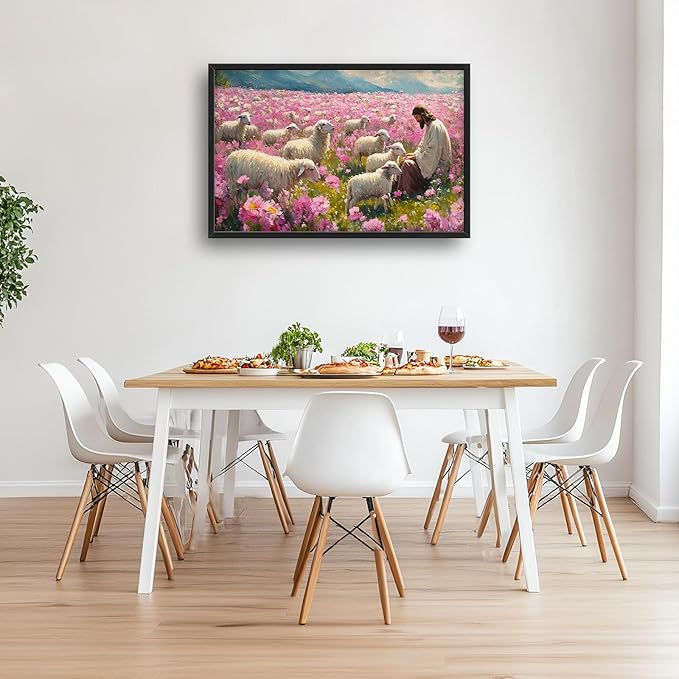 Jesus Lamb Large Wall Art Christian Religious Painting Wall Decor Church Canvas Prints Pink Pictures Framed Artwork Decoration for Prayer Bedroom Living Room Office 36"x24"