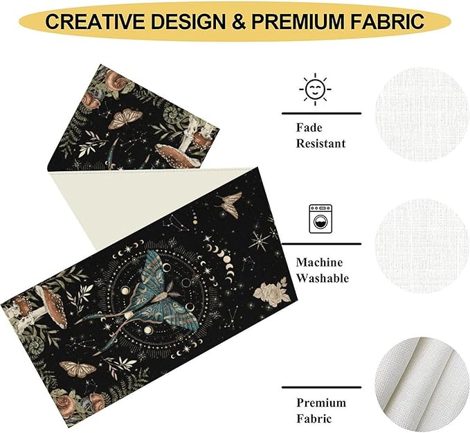 Gothic Moth Table Runner, Boho Gothic Sun Moon Phase Mystical Mushroom Floral Witchy Farmhouse Coffee Table Center Decor for Home Kitchen Dining Patio Holiday Party Table Decorations 13x72 inches