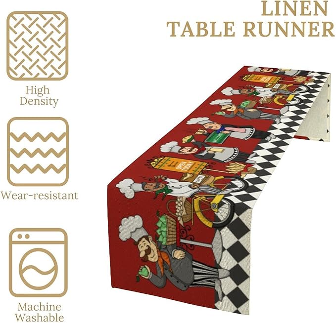Retro Chef Table Runner,Farmhouse Burlap Table Runners for Party Wedding, Chef Decorations for The Kitchen, Chef Kitchen Decor 13x36in