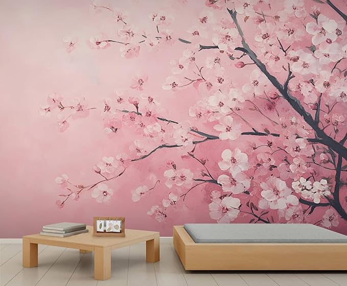 Pink Cherry Blossom Wall Mural, Romantic Cherry Blossom 3D Wall Murals, Japanese Flower Wallpaper Mural, for Living Room Bedroom Large Wallpaper Indoor Decor 118" W x 82.6 "H