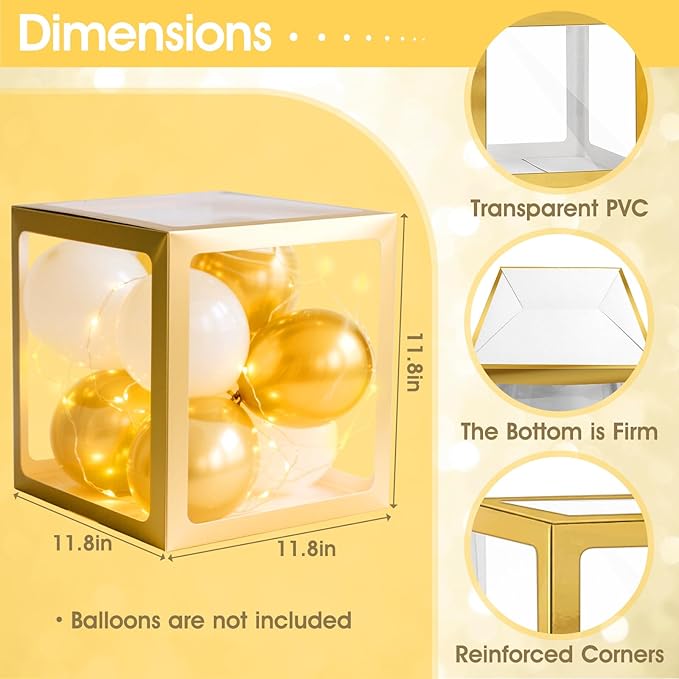 Ledido Baby Boxes with Letters for Baby Shower Decoration, 4 pcs Clear Baby Balloon Boxes Blocks with LED Fairy String Lights 38 Balloons for Boy Girl Gender Reveal Birthday Party (Gold)