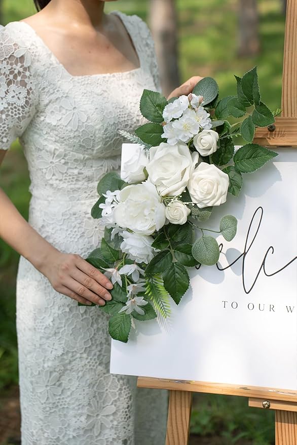 WEIERYUE(Pack of 2 Artificial Flowers Decorations, Wedding Flowers, Wedding, Banquet, Party, Reception Entrance Welcome Sign and Background Decoration(White)