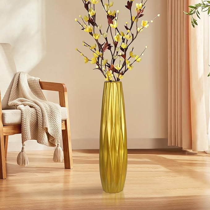 Gold Ceramic Tall Floor Vase,17.7 Inch Large Modern Flower Vases for Home Décor,Wicker Big Floor Vases Decorations for Farmhouse, Living Room,Bedroom,Standing Plastic Vase Decorative Tall