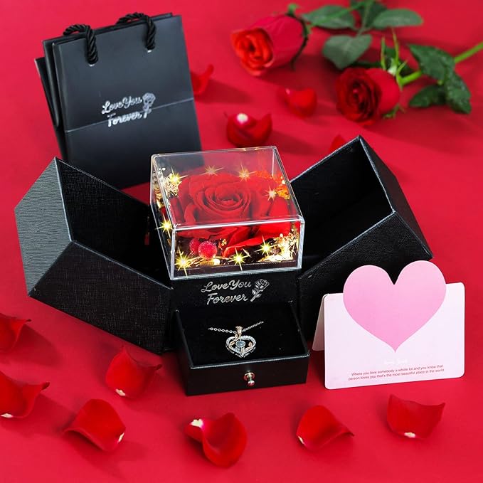 Preserved Real Red Rose with I Love You Necklace for Women, Wife, Girlfriend, Mom, Grandma Romantic Gift for Anniversary, Birthday, Valentine's Day, Mother's Day