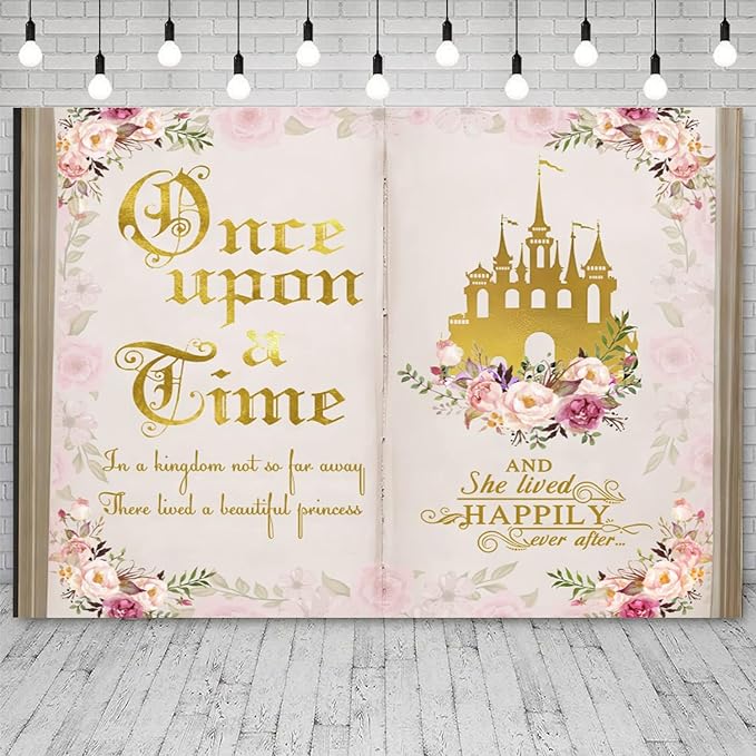 10x8ft Once Upon a Time Backdrop Pink Flower Gold Castle Photography Background Fairy Tale Books Floral Princess Girls Birthday Banner Decorations Fairytale Wedding Portrait Photo Booth Prop