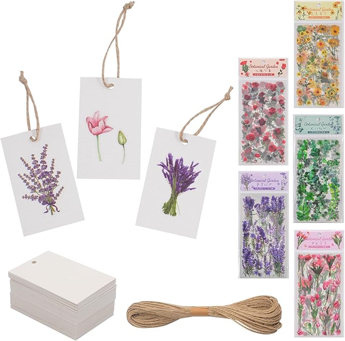 100 Pcs Blank Gift Tags with Floral Stickers and Jute Rope, 2 x 3 in Elegant Watercolor Floral Theme 5 Flower Designs DIY Gift Tags for Wedding Christmas Party Favor Bridal Shower Birthday