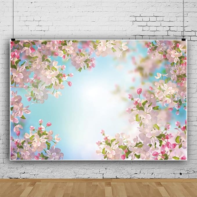 Renaiss 7x5ft Pink Floral Backdrop Romantic Cherry Blossom Blue Sky Sunshine Nature Scenery Polyester Photography Background for Wedding Kids Baby Birthday Party Decor Photo Props