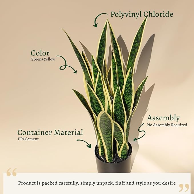KOL 2ft Artificial Snake Plant, 32 Lifelike Faux PVC Leaves, Indoor Home Garden Decor, Fake Sansevieria Potted Plants, Mother-in-Law Tongue, 25.6in Floor Greenery in Black Pot