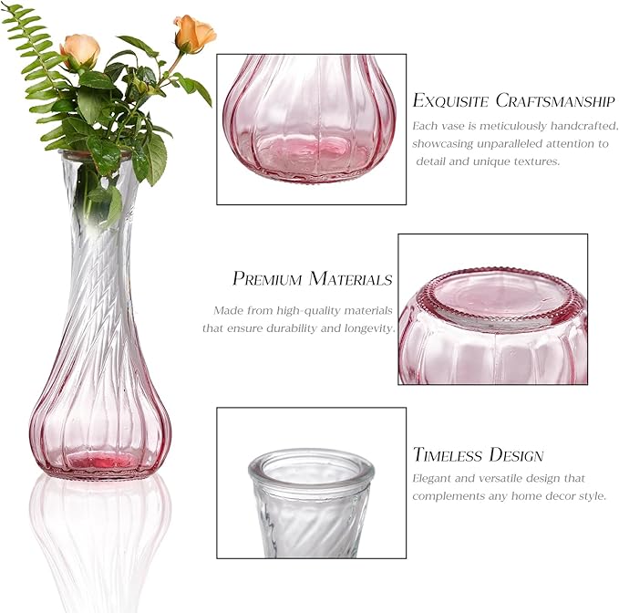 Glass Bud Vase Set of 30 - Small Vases for Flowers in Bulk - Assorted Vintage Crystal Vases for Flowers, Table Centerpieces (Pink, 30 Pcs)