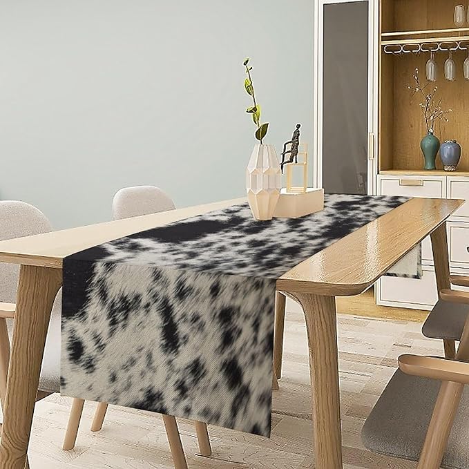 Cow Skin Print Table Runner, Rustic Country Farmhouse Animal Fur Skin Western Farm Black Cowhide Print Dinner Runner Table Decoration for Home Kitchen Dining 13x108in