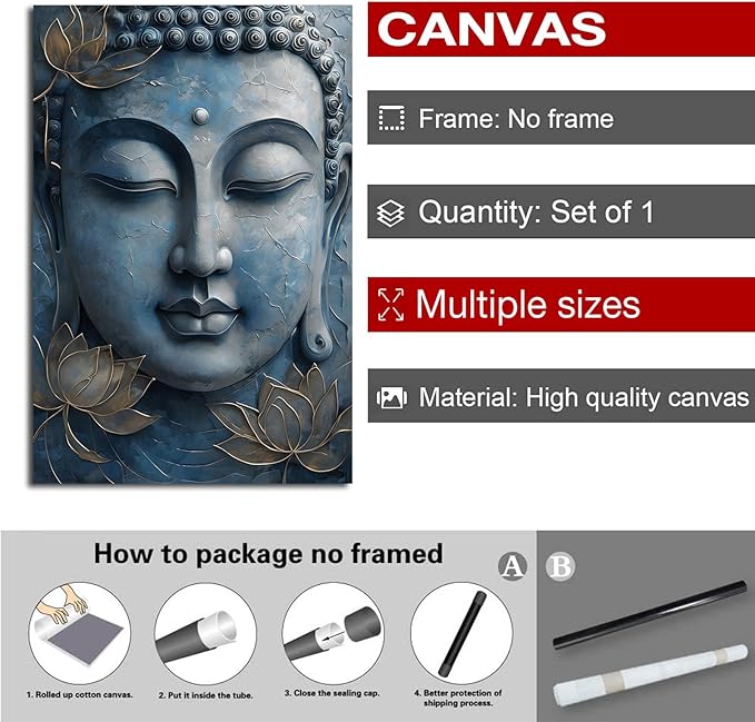 Canvas wall art Golden lotus crown Serene Buddha poster Ethereal blue toned art with delicate floral decor Zen wall art for a tranquil meditation space 12x18in Frameless